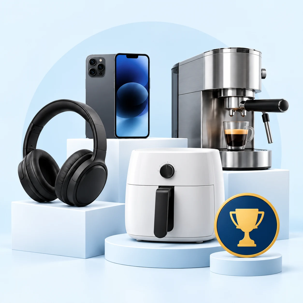 Symbolische Produktvielfalt: Smartphone, Kopfhörer, Kaffeemaschine und Heißluftfritteuse mit Pokal