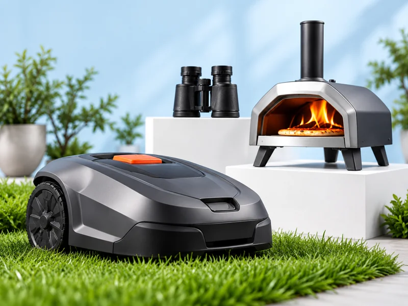 Mähroboter, Fernglas und Pizzaofen