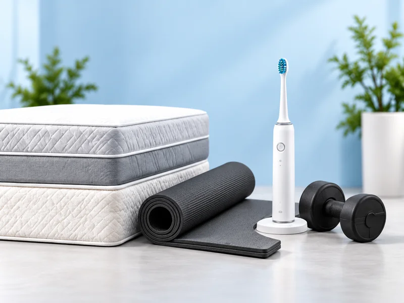 Matratze, Yogamatte, elektrische Zahnbürste und Hanteln