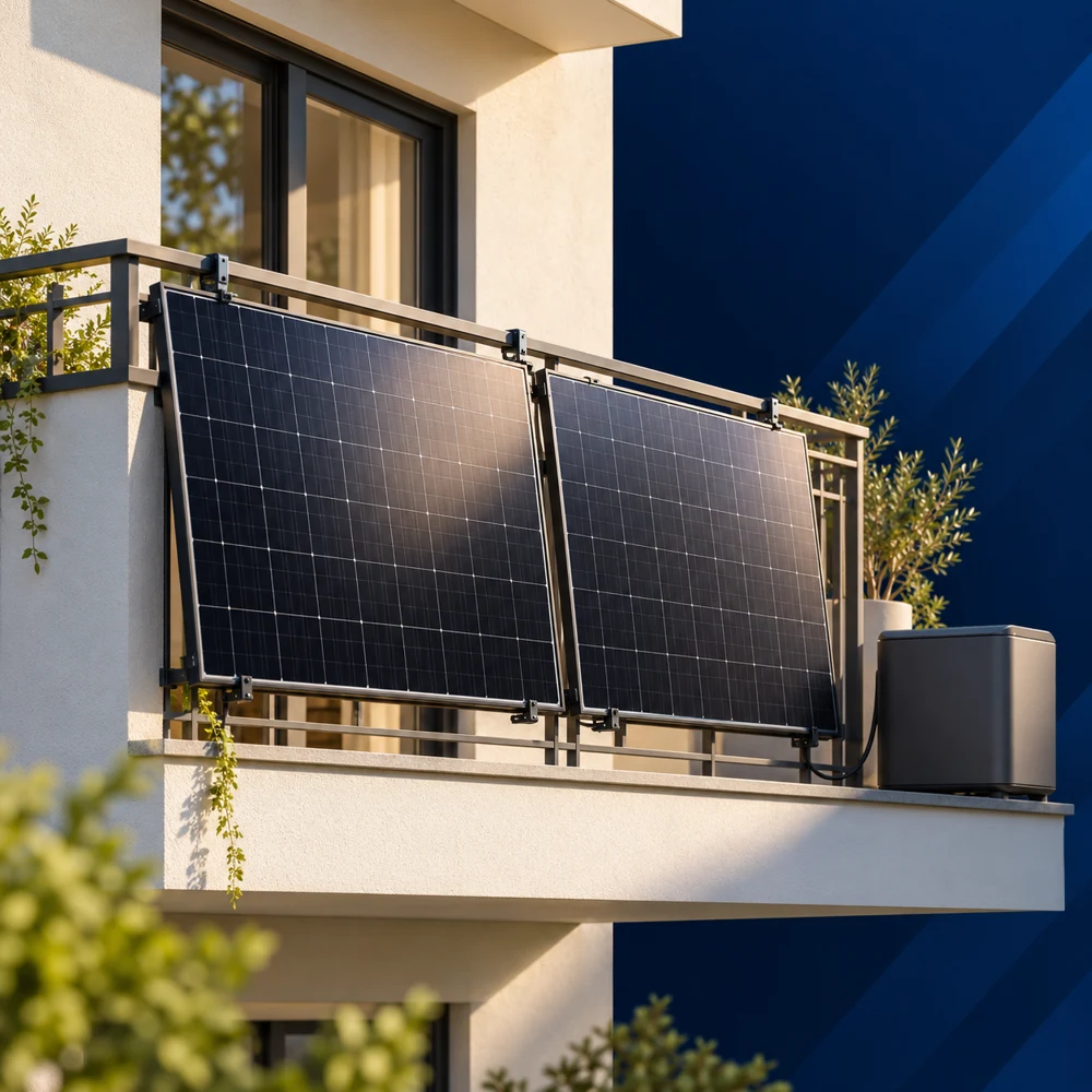 KI-Illustration: Solarmodule am Balkongeländer und kompakter Stromspeicher