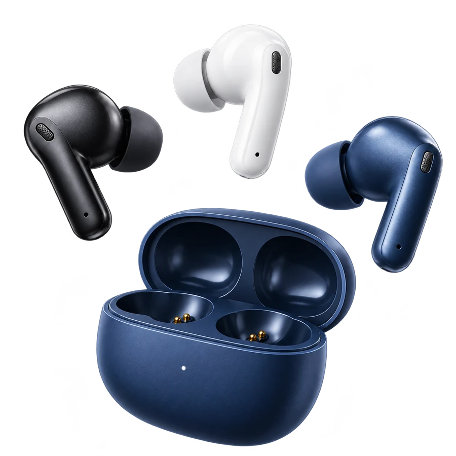 KI-Illustration: kabellose In-Ear-Kopfhörer und kompaktes Ladecase