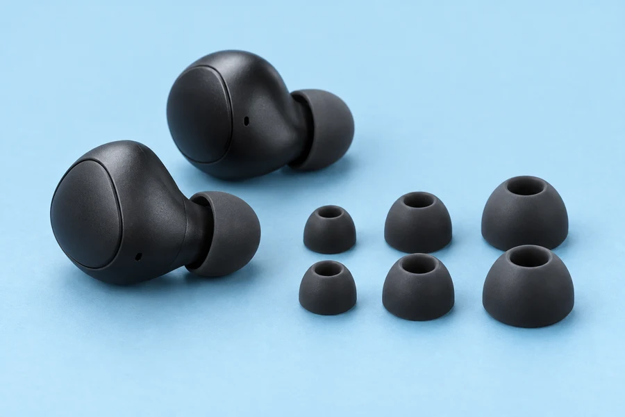 KI-Illustration: In-Ear-Ohrhörer mit Silikonaufsätzen in mehreren Größen
