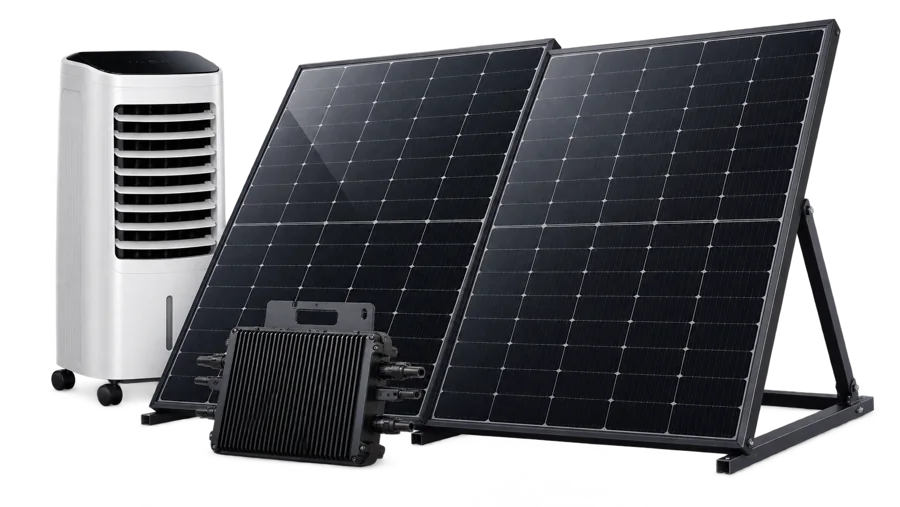Illustration mit Solarmodulen, Wechselrichter und Luftkühler