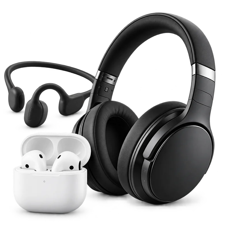 KI-Illustration: schwarze Over-Ear- und Open-Ear-Kopfhörer sowie weiße In-Ear-Kopfhörer mit Ladecase