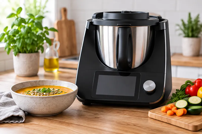 KI-Symbolbild: allgemeine schwarze Kochmaschine mit Edelstahltopf neben Suppe und Gemüse in einer Küche; kein bestimmtes Thermomix-Modell