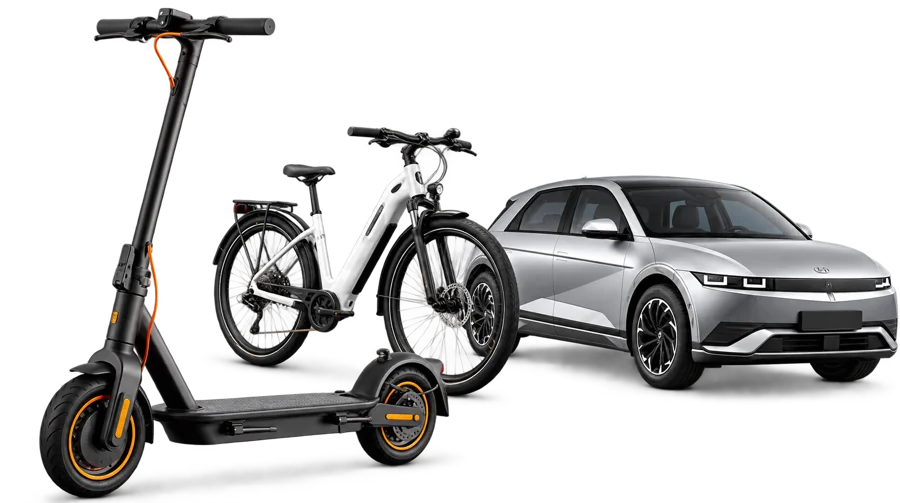 Illustration mit E-Scooter, E-Bike und E-Auto