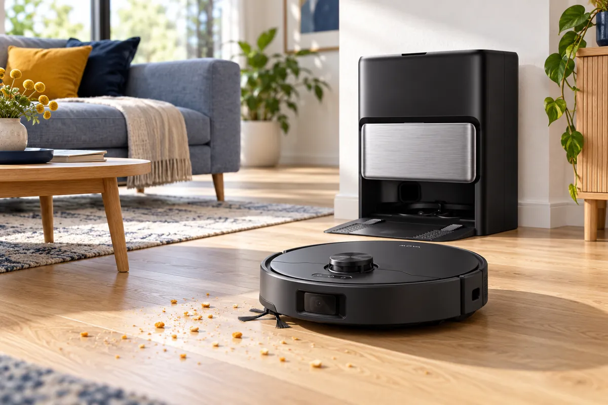 KI-Symbolbild: schwarzer MOVA P70 Pro Ultra mit Reinigungsstation im hellen Wohnzimmer