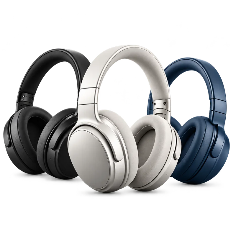 KI-Illustration: drei Over-Ear-Kopfhörer in Schwarz, Silber und Dunkelblau