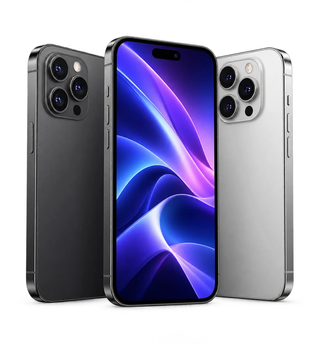 KI-Illustration: drei Smartphones mit violettem Display, dunkler und heller Rückseite