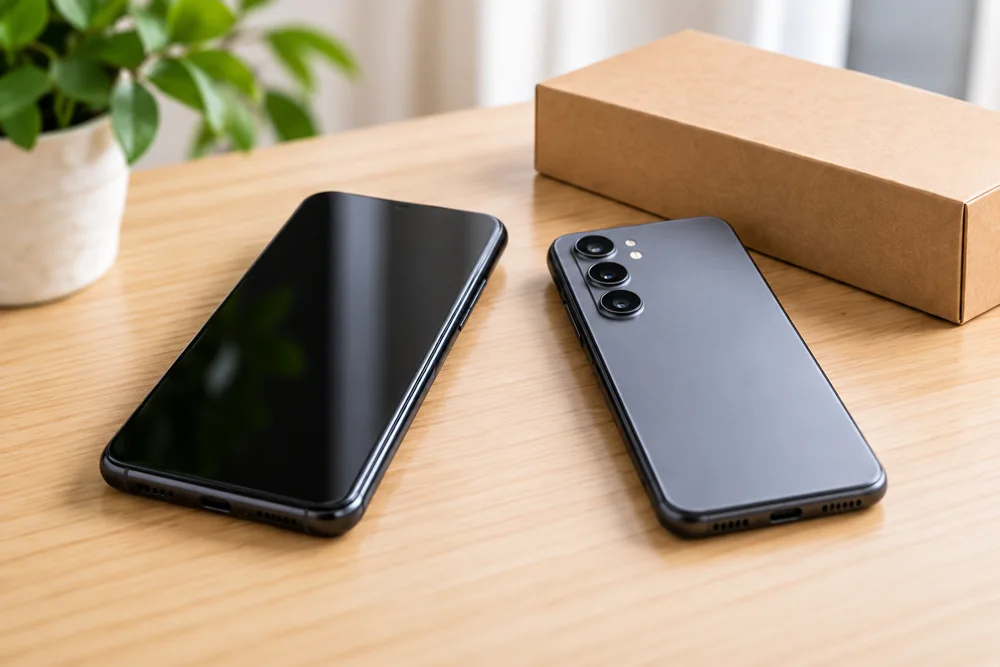 Zwei Smartphones auf einem Holztisch neben einer neutralen Verpackung