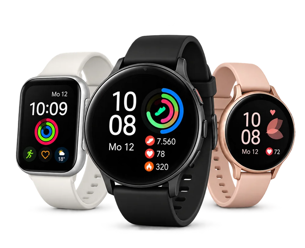 Drei Smartwatches: runde schwarze Uhr, silberne Uhr mit weißem Armband und roségoldene Uhr – KI-Illustration