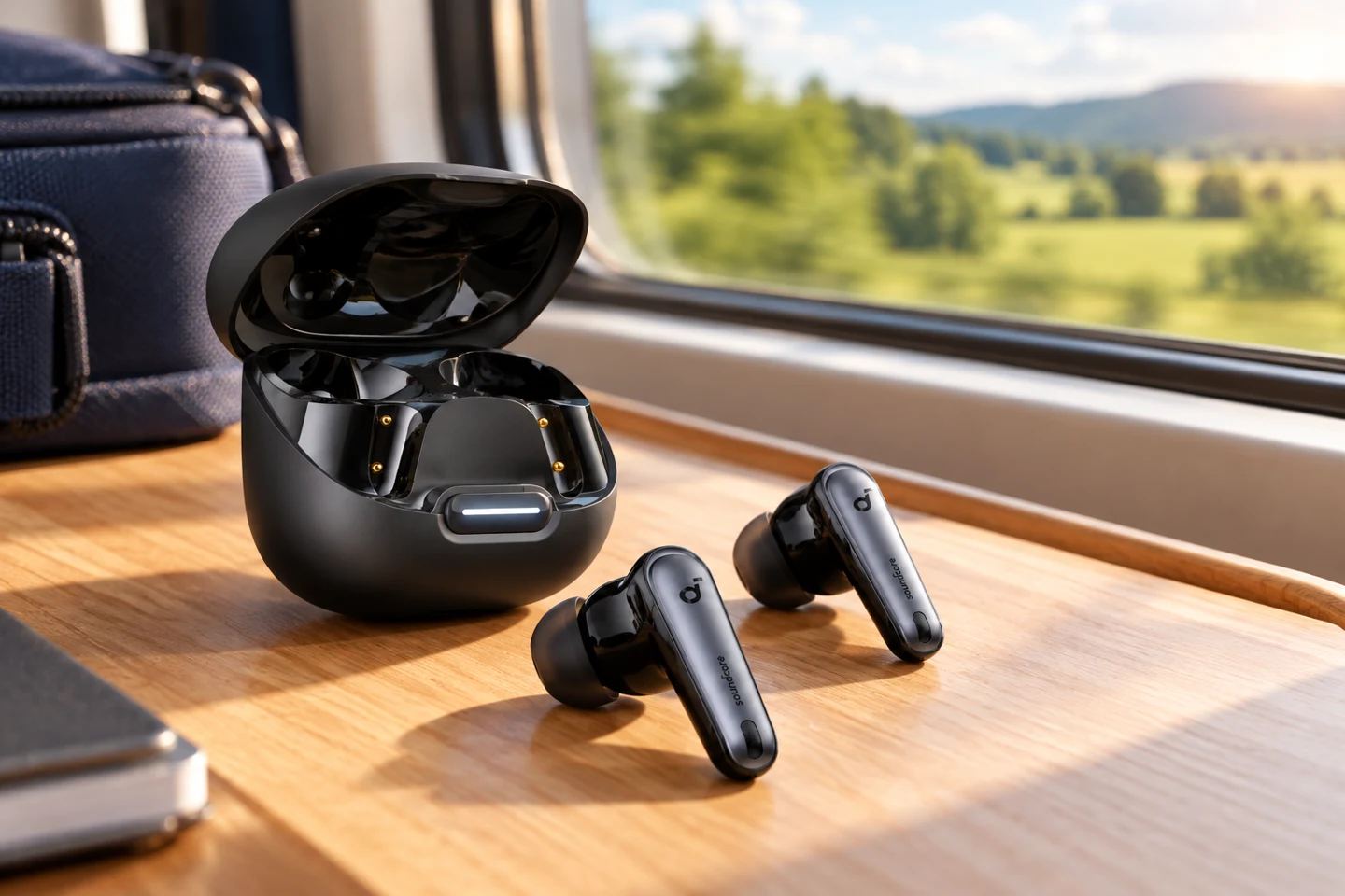 KI-Symbolbild: schwarze Soundcore Liberty 4 NC mit Ladecase auf einem Tisch am Zugfenster