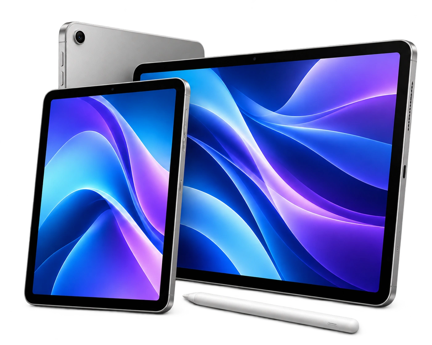 Drei Tablets mit blau-violetten Displays und Eingabestift – KI-Illustration