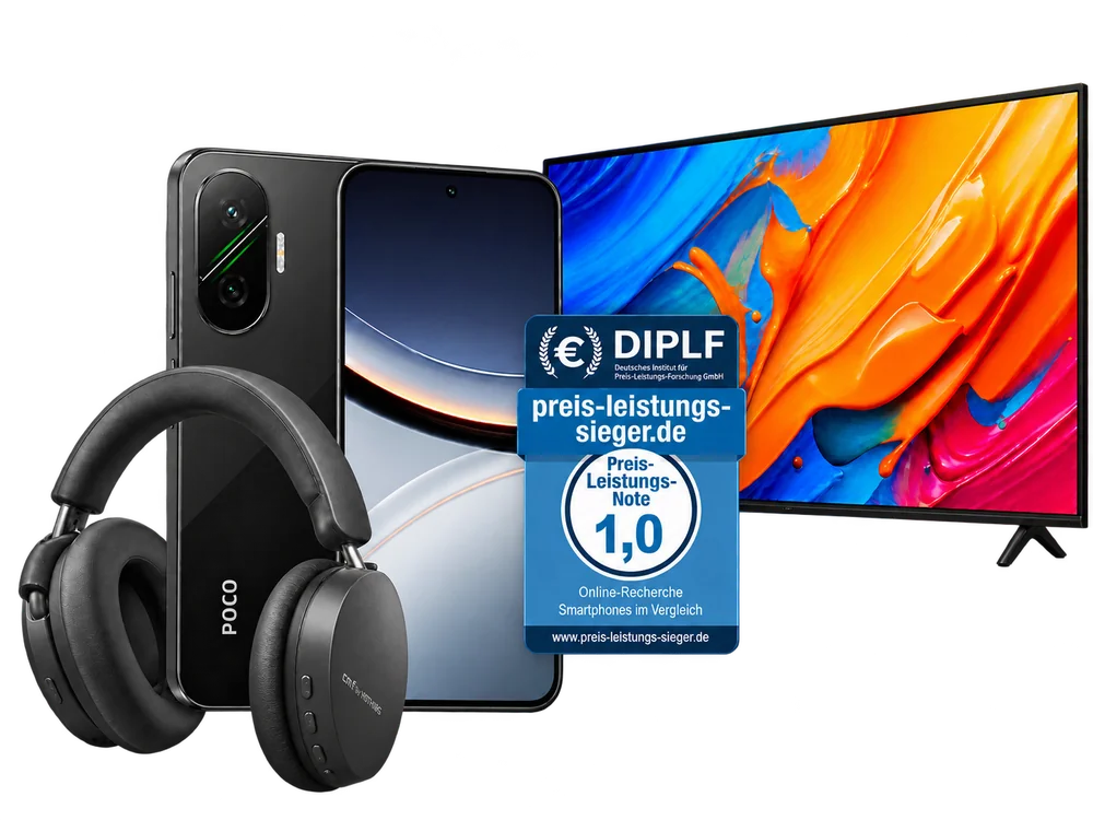 Xiaomi Poco F7 mit Preis-Leistungs-Siegel 1,0, Kopfhörer und Fernseher als Technik-Motive