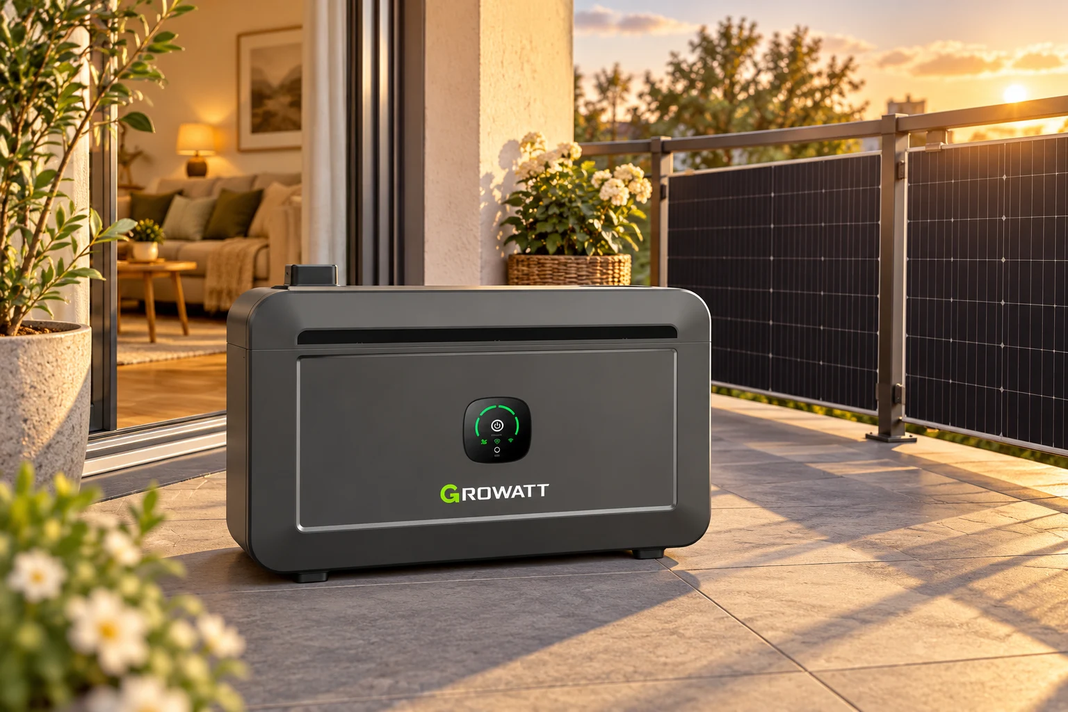 KI-Symbolbild: Growatt NOAH 2000 auf einem Balkon mit Solarmodulen im Abendlicht