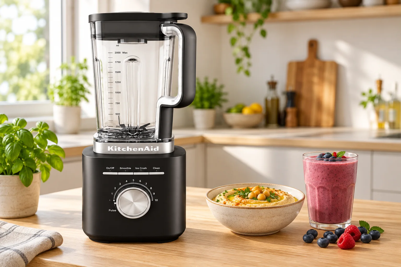 KI-Symbolbild: KitchenAid Pure Power in Matt Schwarz neben Hummus und Beeren-Smoothie in einer Küche