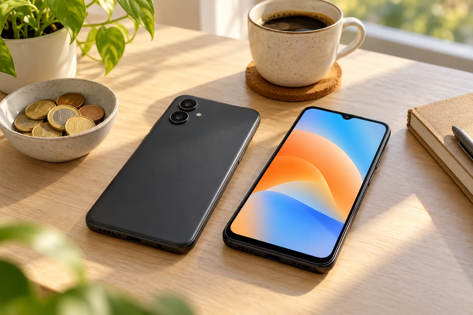 KI-Symbolbild: günstige generische Smartphones neben Euro-Münzen auf einem Schreibtisch