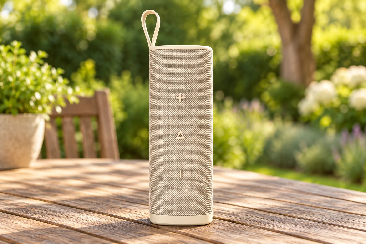 KI-Symbolbild: Xiaomi Sound Outdoor in Gold auf einem Gartentisch