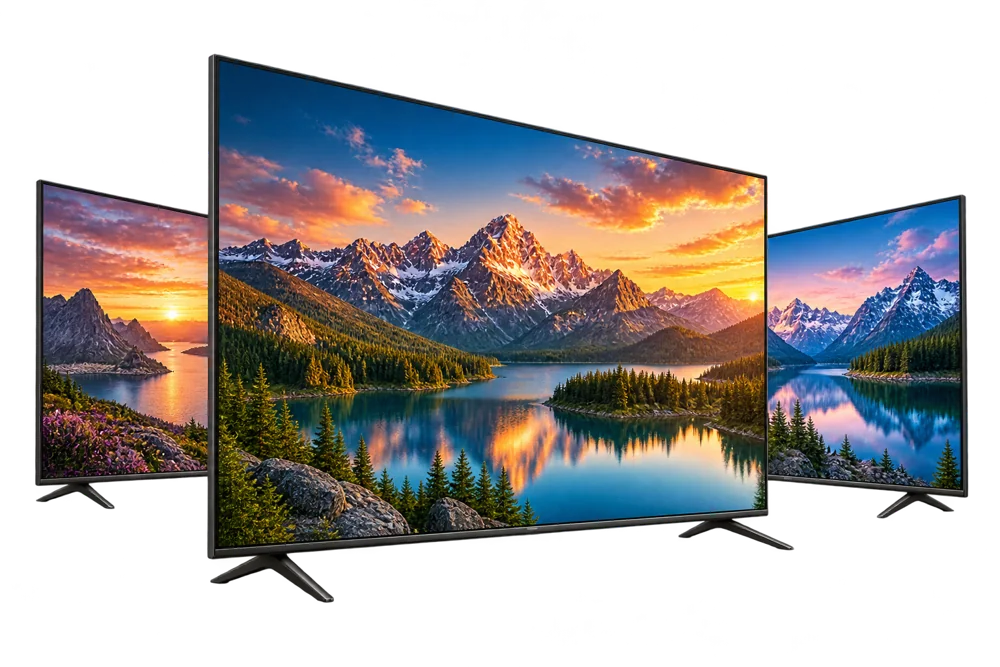 KI-Illustration: drei Fernseher in unterschiedlichen Größen mit farbigen Berg- und Seenlandschaften