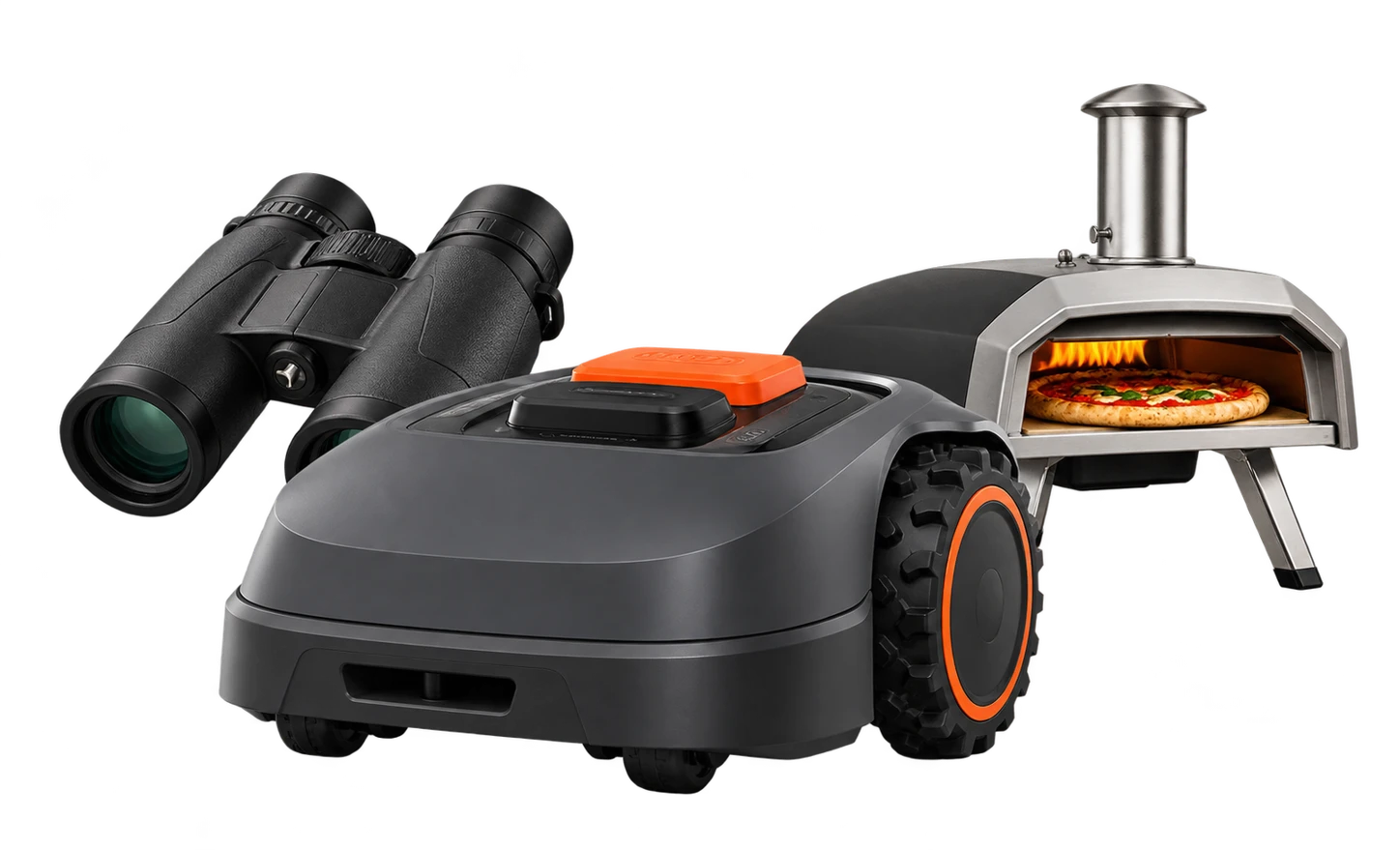 Illustration eines Segway Navimow i105E, ergänzt um Pizzaofen und Fernglas als Freizeitmotive