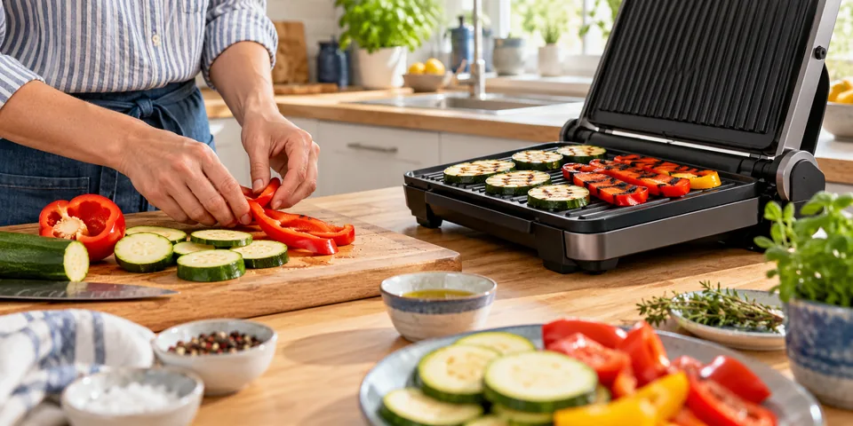 Gemüse auf einem geöffneten Kontaktgrill in einer Küche