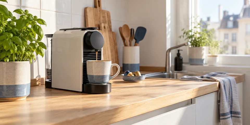 Kompakte Kaffeemaschine auf einer kleinen Küchenarbeitsfläche