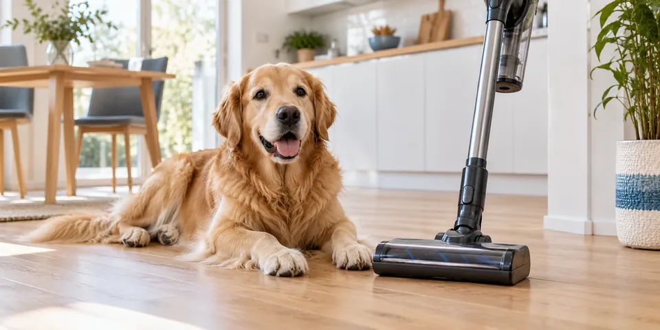 Hund und Akkusauger auf einem Holzboden