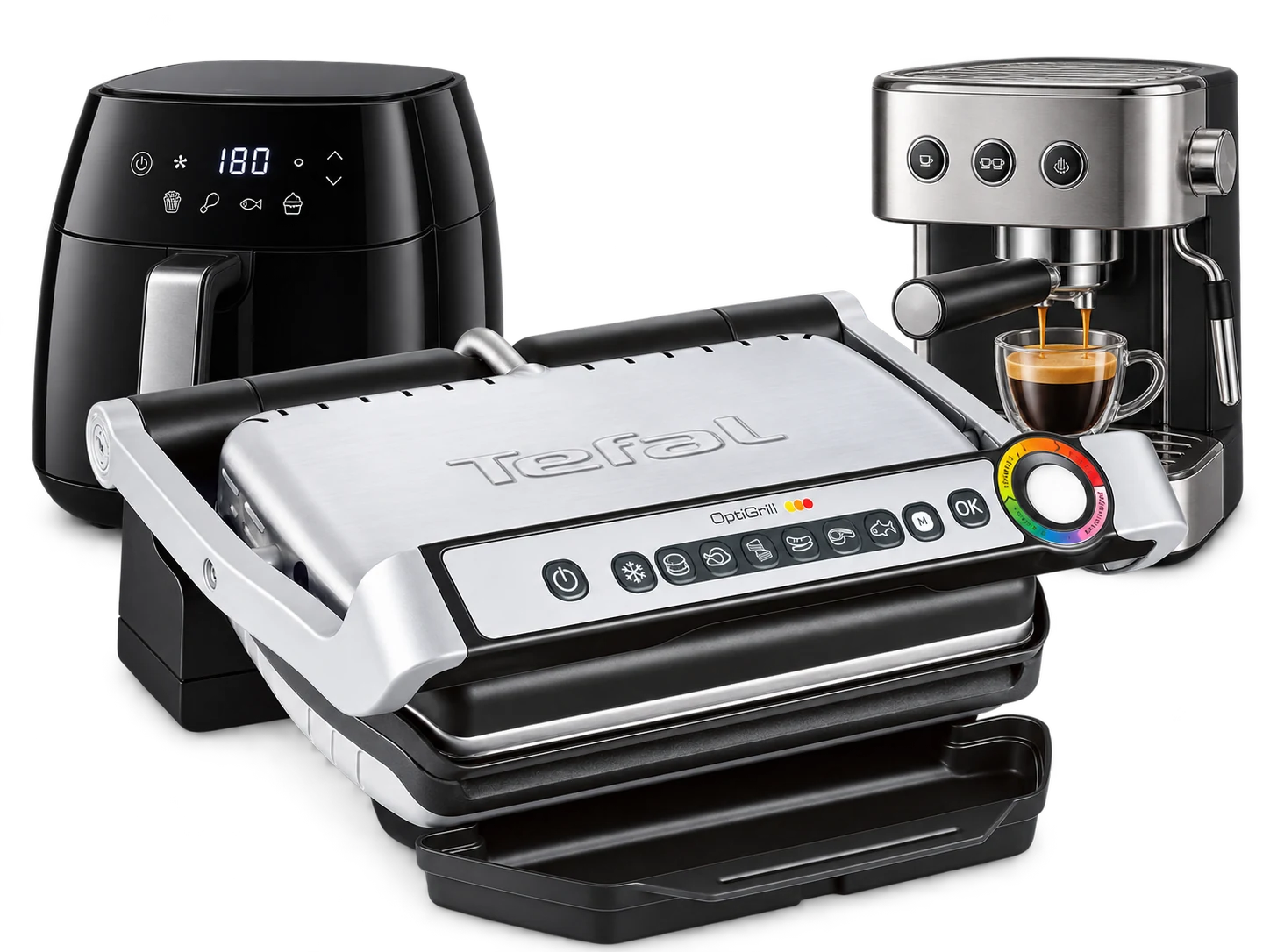 Tefal OptiGrill GC705D, dahinter Heißluftfritteuse und Kaffeemaschine als Küchenmotive