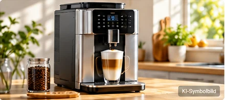 KI-Symbolbild: Kaffeemaschine mit einer Tasse Kaffee auf einer hellen Küchenarbeitsplatte
