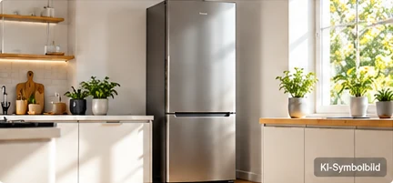 KI-Symbolbild: Freistehender Kühlschrank mit Gefrierfach in einer hellen Küche
