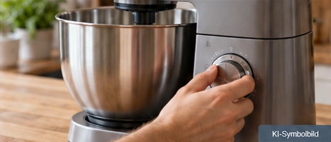 KI-Symbolbild: Hand bedient den Geschwindigkeitsregler einer Küchenmaschine mit Edelstahlschüssel