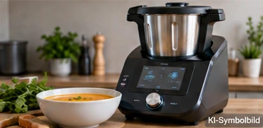 KI-Symbolbild: allgemeine schwarze Kochmaschine neben Suppe und Gemüse