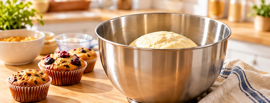 KI-Symbolbild: Edelstahl-Rührschüssel mit Teig und frisch gebackenen Muffins
