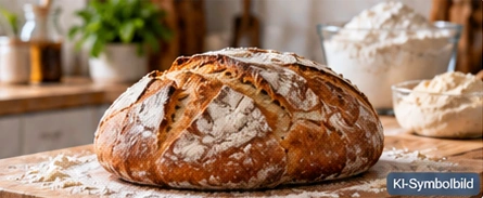 KI-Symbolbild: rustikales Brot und Mehl auf einer Küchenarbeitsplatte