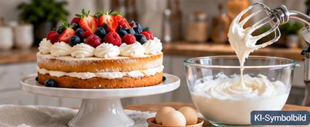 KI-Symbolbild: Kuchen mit Sahne und Beeren neben einer Schüssel mit aufgeschlagenem Eiweiß