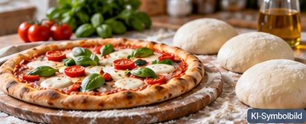 KI-Symbolbild: Pizza mit Tomaten und Basilikum neben mehreren Teigkugeln