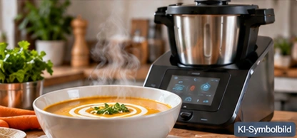 KI-Symbolbild: allgemeine schwarze Kochmaschine neben einer Schüssel Suppe
