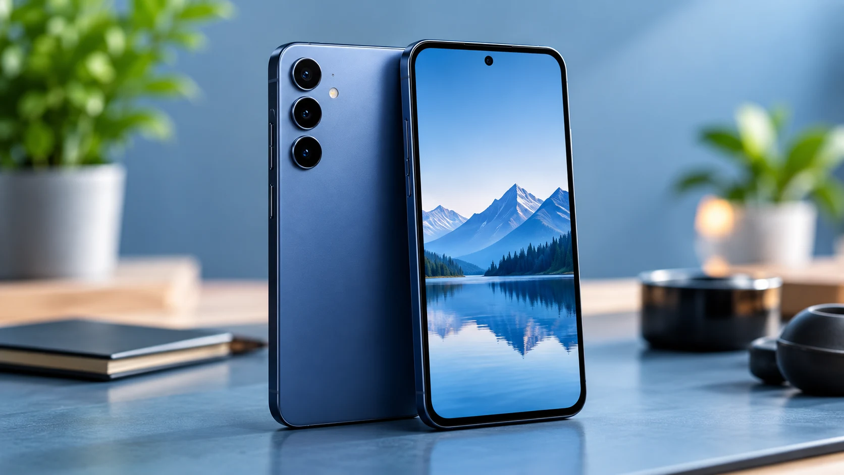 Symbolbild: Blaues Smartphone mit Landschaft auf dem Display