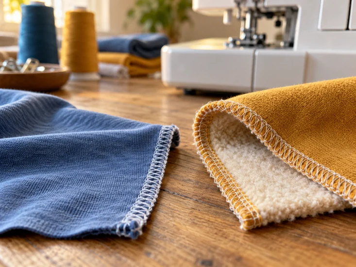 KI-Symbolbild: Overlock-Nähte an Jersey und dickerem Stoff im Vergleich