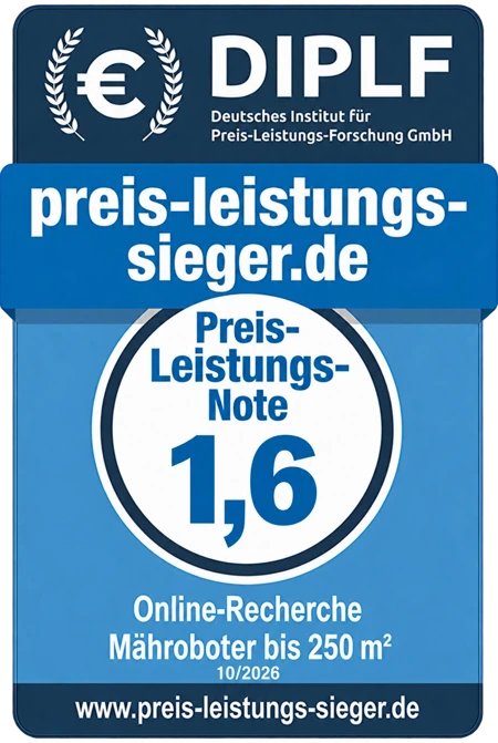 Eigenes Preis-Leistungs-Siegel: Note 1,6 für Mähroboter bis 250 m², Oktober 2026