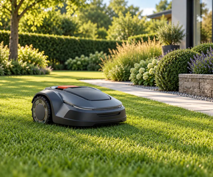 Illustration eines Mähroboters auf einem gepflegten Gartenrasen