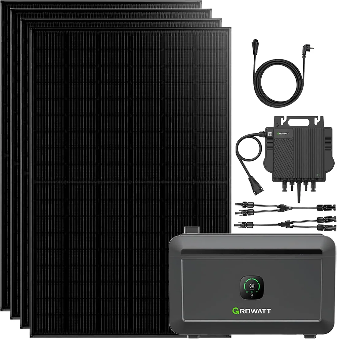 Growatt NOAH 2000 in einer Set-Abbildung mit Solarmodulen, Wechselrichter und Kabeln