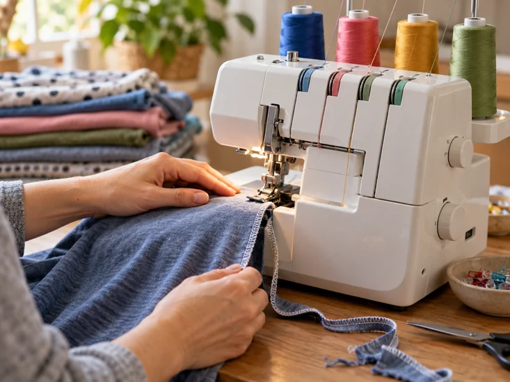 KI-Symbolbild: Jersey wird an einer Overlock-Maschine versäubert