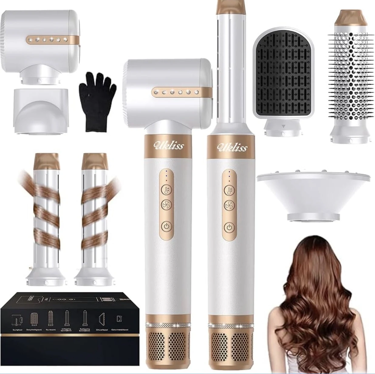 UKLISS 7 in 1: bereitgestellte Produktabbildung mit sieben Stylingaufsätzen