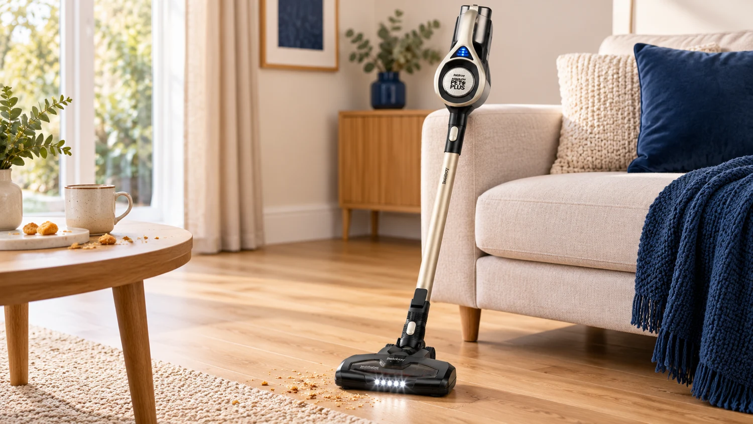 KI-Symbolbild: Beldray Airgility Cordless Pet+ auf Holzboden vor einem hellen Sofa
