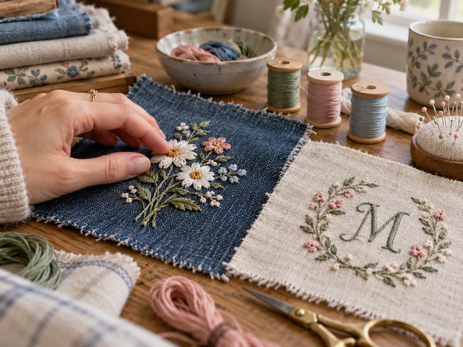 KI-Symbolbild: gestickte Blumen auf Jeans und Leinen