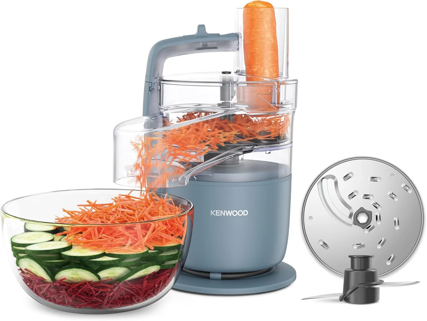 Kenwood MultiPro Go: Produktabbildung mit Gemüse-Auswurf und Zubehör