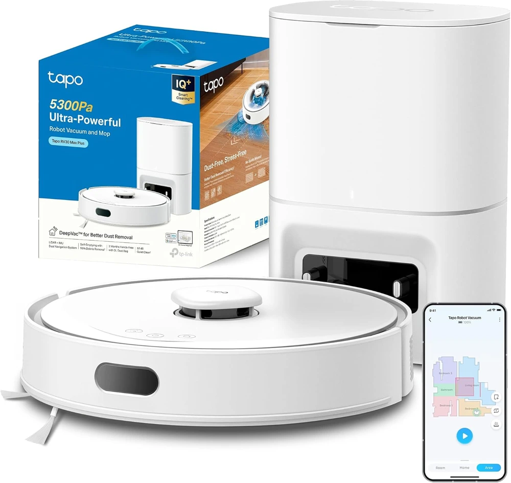Weißer TP-Link Tapo RV30 Max Plus mit Absaugstation, Verpackung und dargestellter App