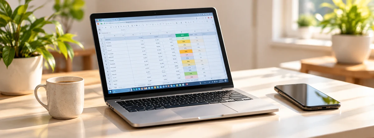 Notebook mit Tabelle und Smartphone auf einem Schreibtisch