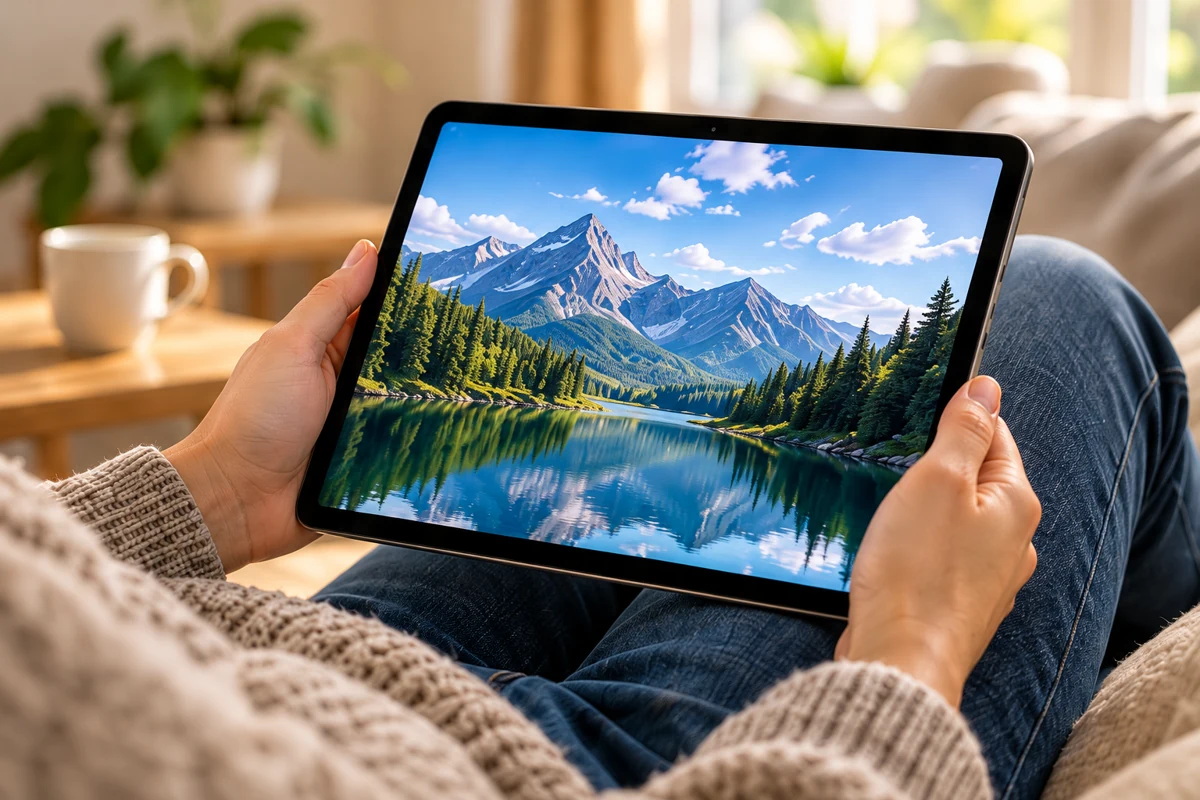 Tablet mit Bergsee-Motiv auf dem Sofa